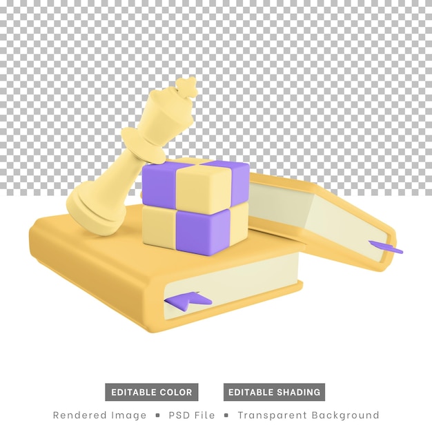 3d rendering hobby icons include books chess pieces and cube puzzles