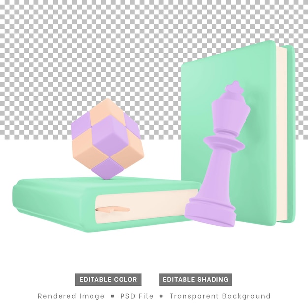 3d rendering hobby icons include books chess pieces and cube puzzles