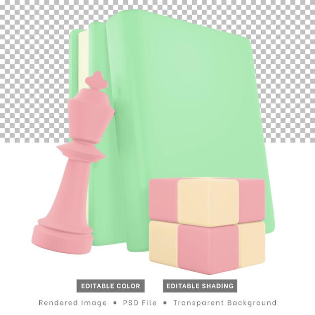 3d rendering hobby icons include books chess pieces and cube puzzles