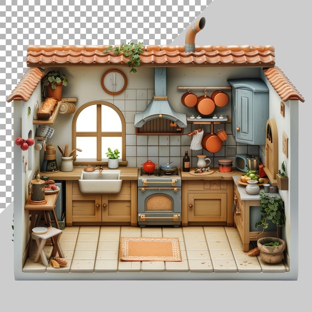 PSD 3d rendering home kitchen without transparent png