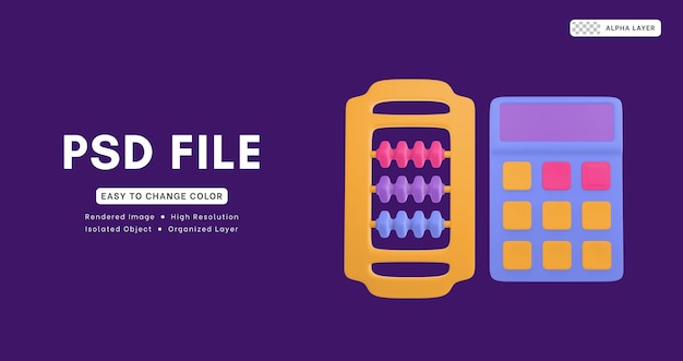 3d rendering icon set of calculating tools including abacus and calculator