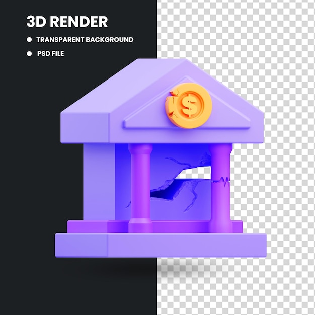 3d rendering illustration of broken bank building icon symbolizing financial crisis, recession