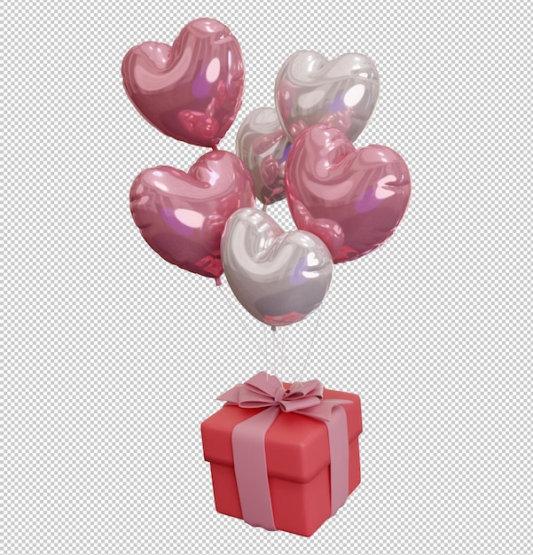 3D rendering illustration of a bunch of love balloons tied with a gift on a transparent background