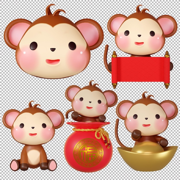 3D rendering illustration cute monkey among the zodiac signs Transparent Background