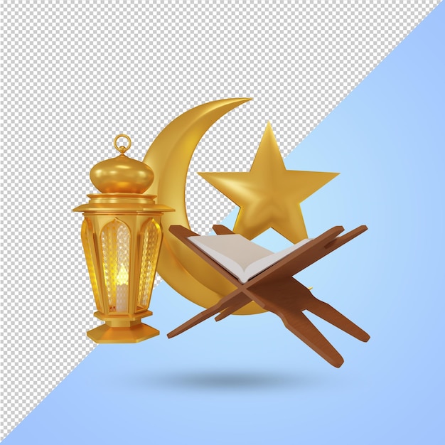 3d rendering illustration of half moon, star and old arabic lantern in golden color