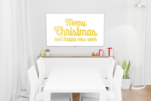 3d rendering illustration of LCD TV screen mockup in modern interior background in christmas new year theme