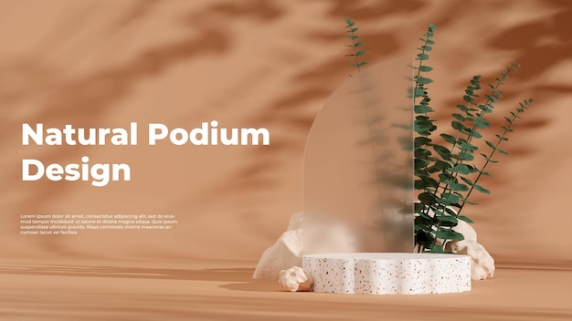 3D rendering image illustration of empty space podium display for product mockup natural background