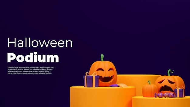 3d rendering image mockup of yellow podium in landscape with jack o lantern and gift box