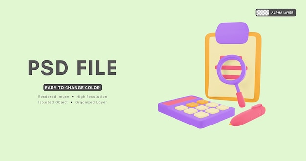 3d rendering includes a magnifying glass pen notepad and calculator icon