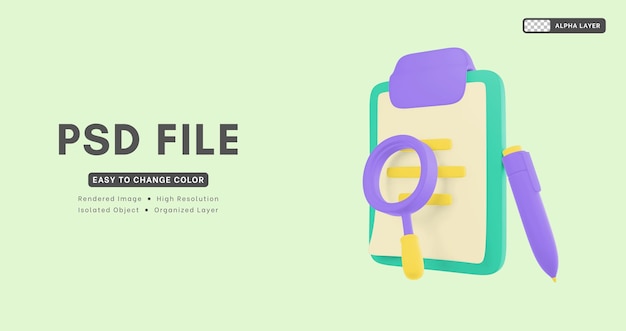 3d rendering includes a magnifying glass pen and notepad icon