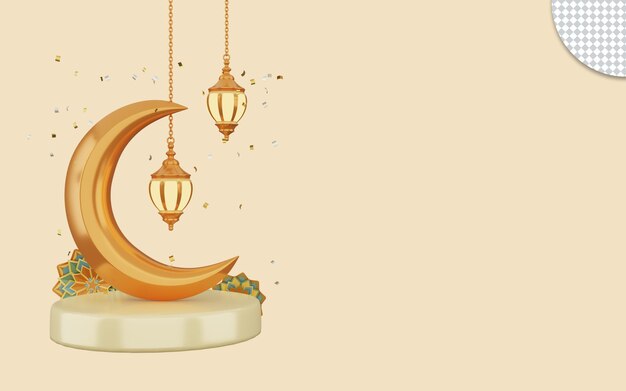 3d rendering of islamic background with crescent moon and lantern