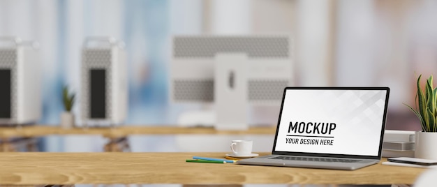 3D rendering of laptop mockup screen on wooden table