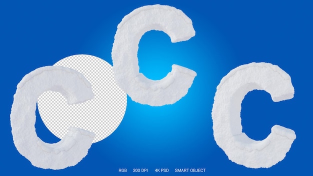 3d rendering of the letter C in the shape and style of a snow on a transparent background