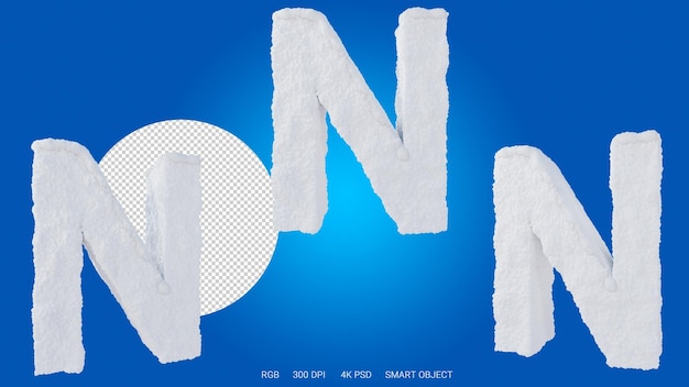 3d rendering of the letter N in the shape and style of a snow on a transparent background