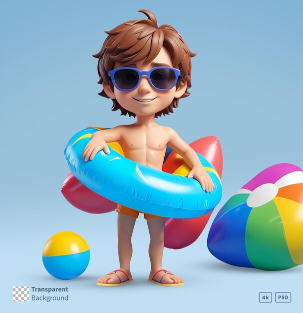 PSD 3d rendering little boy cartoon character holding inflatable swim ring