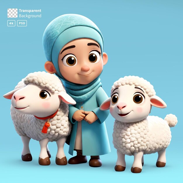 3d rendering little girl cartoon character with two sheeps