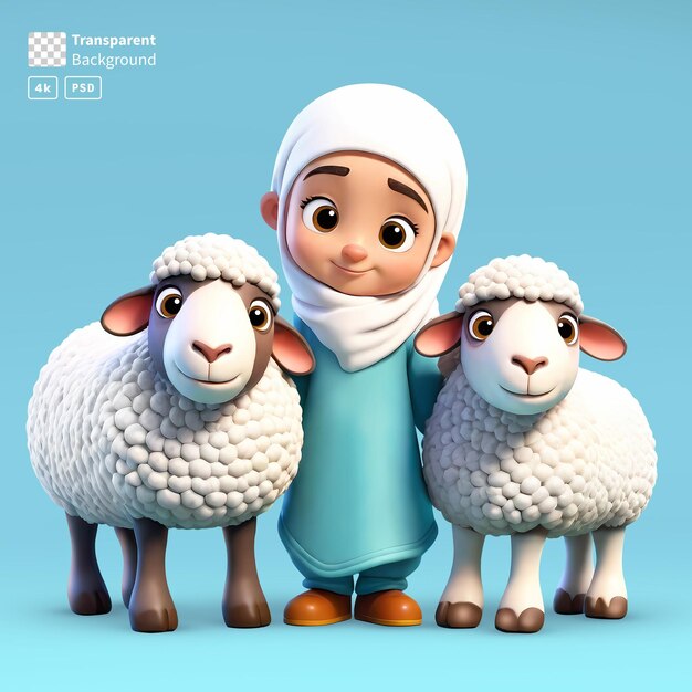 3d rendering little girl cartoon character with two sheeps