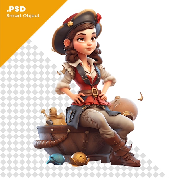 3D rendering of a little pirate girl sitting on a ship isolated on white background PSD template