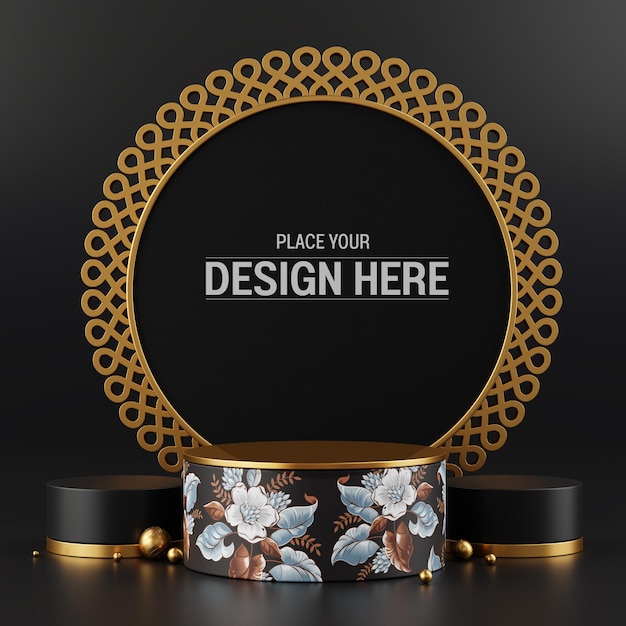 PSD 3d rendering of a luxurious circle podium in black gold and floral patterns an elegant background