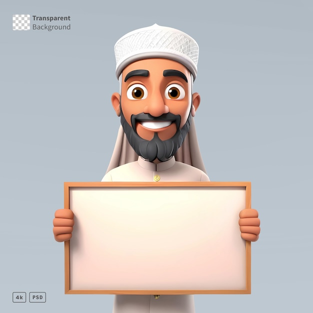 PSD 3d rendering male cartoon character holding a blank sign