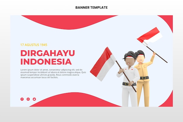 3d rendering male character celebrating indonesian independence banner template  premium psd