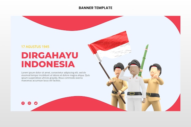 3d rendering male character celebrating indonesian independence banner template  premium psd