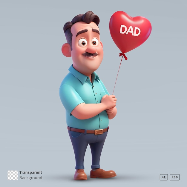 PSD 3d rendering man cartoon character with mustache holding fathers day dad heart shaped balloon