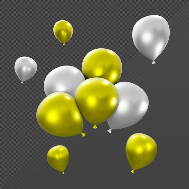 PSD 3d rendering of many single and stacked gold and silver balloons from perspective view