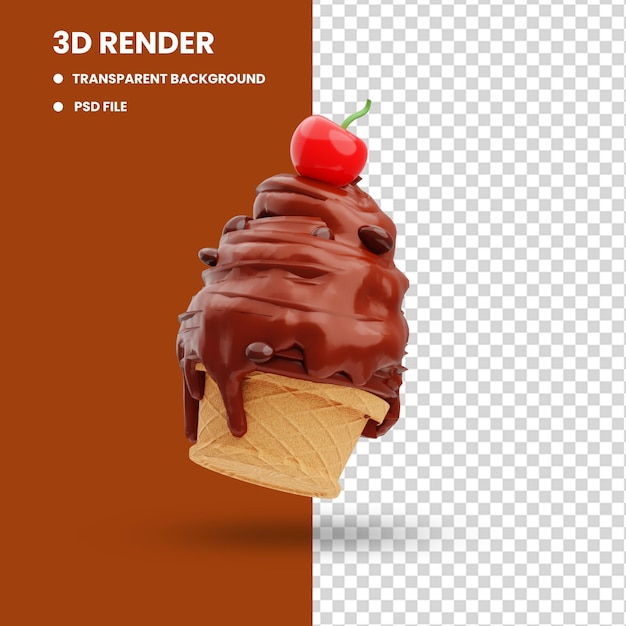 3d rendering of melted chocolate ice cream icon illustration with cherries on it