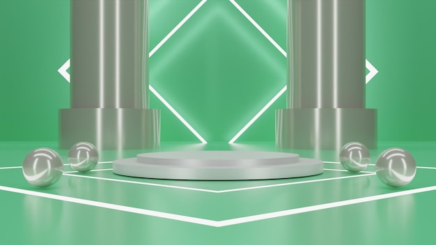 3D rendering metallic white podium on green background