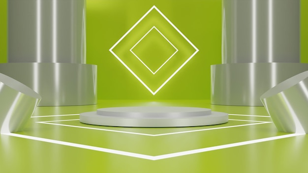 3D rendering metallic white podium on green background