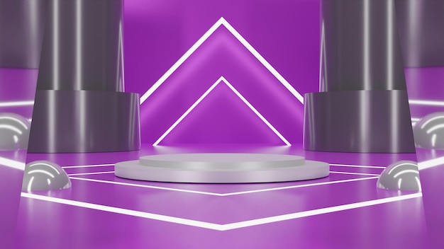 3D rendering metallic white podium on purple background