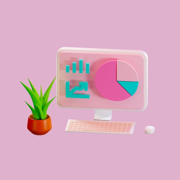 3d rendering of minimal computer on display for mockup and Plant on Pink pastel background