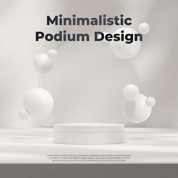 3d rendering mock up template of white podium in square with frosted glass and floating ball