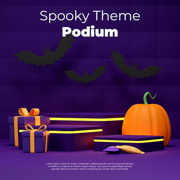 3d rendering mockup halloween of purple block podium in square with bats, pumpkin, and gift box