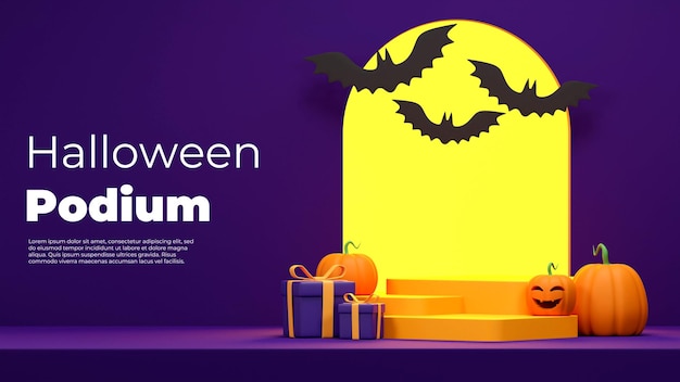 3d rendering mockup halloween scene of yellow podium in landscape with yellow glow background