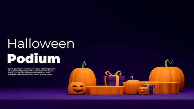 3d rendering mockup image of orange podium in landscape with jack o lantern pumpkin and gift box