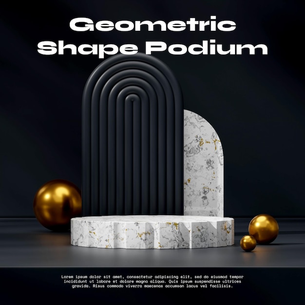 3D rendering mockup scene white marble podium in square black arch and gold ball