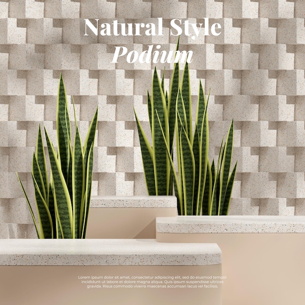 3d rendering mockup template of podium terrazzo texture block in square with snake plant