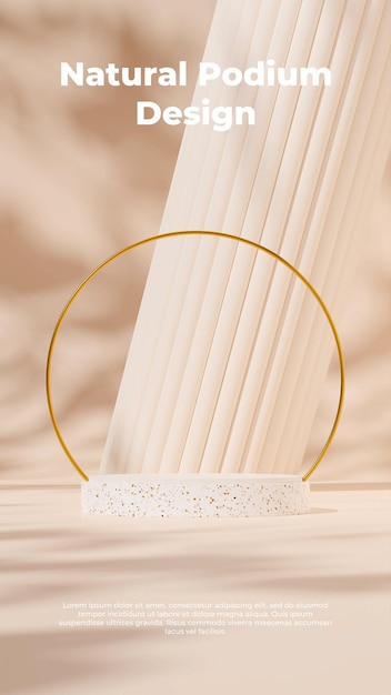 3D rendering mockup template terrazzo podium in portrait with pillar and gold ring backdrop