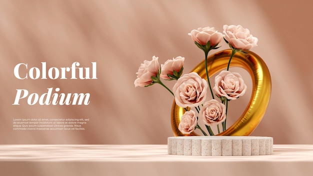 3d rendering mockup template of terrazzo texture podium in landscape with pink rose and gold ring