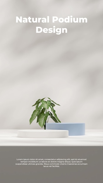 3d rendering mockup template with blue and white podium in portrait with syngonium plant and shadow