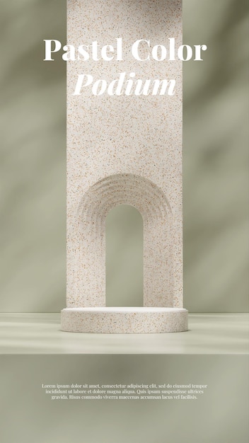 3d rendering mockup of terrazzo and white podium in portrait with arch and green background