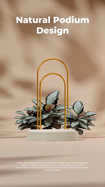 PSD 3d rendering mockup white green podium in portrait with gold arch and calathea plant