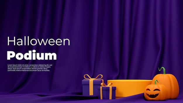 3d rendering mockup yellow podium in landscape with cloth purple background, gift box, and pumpkin