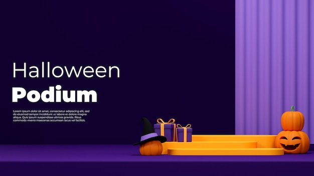 PSD 3d rendering mockup of yellow podium in landscape with pumpkin, gift box, and purple background