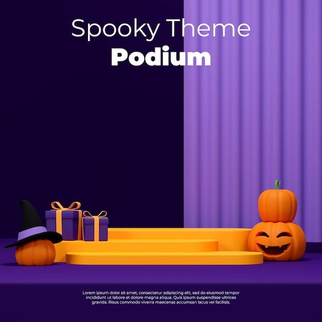 3d rendering mockup of yellow podium in square with pumpkin, gift box, and purple background