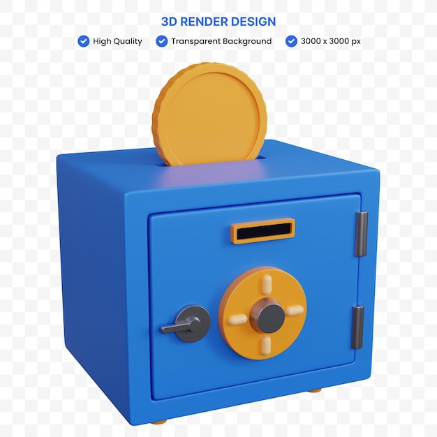 PSD 3d rendering money safe box with coins on top isolated