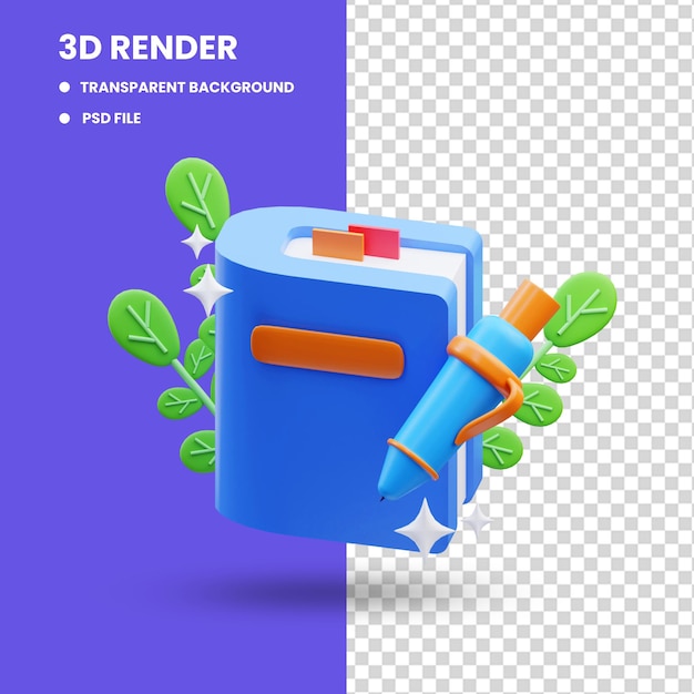 3d rendering of notebook and pen icon illustration, back to school