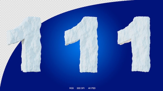 3D rendering of the number 1 in the shape and style of a glacier on a transparent background